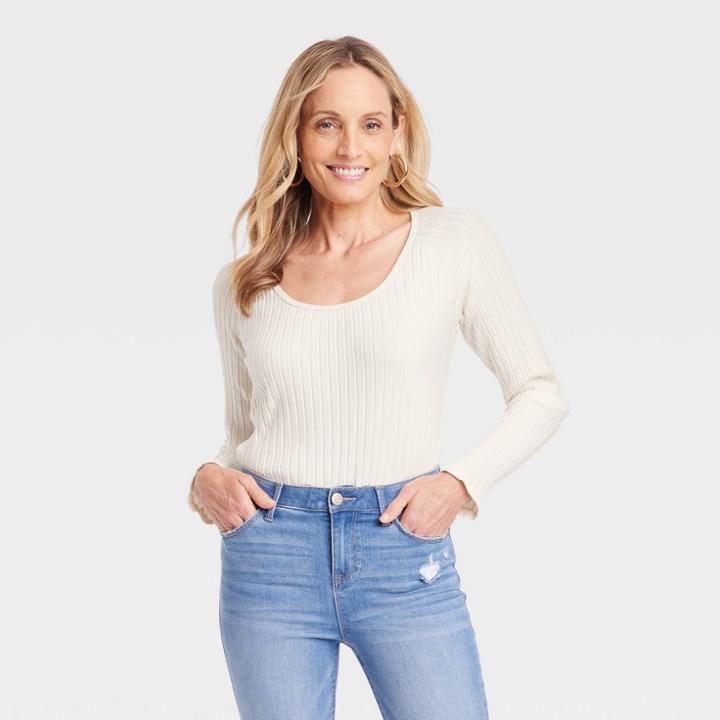 Women's Slim Fit Long Sleeve Ribbed T-shirt - Knox Rose White
