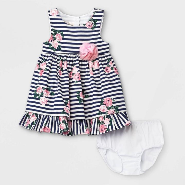 Mia & Mimi Baby Girls' Floral Striped Dress - Navy Newborn, Blue