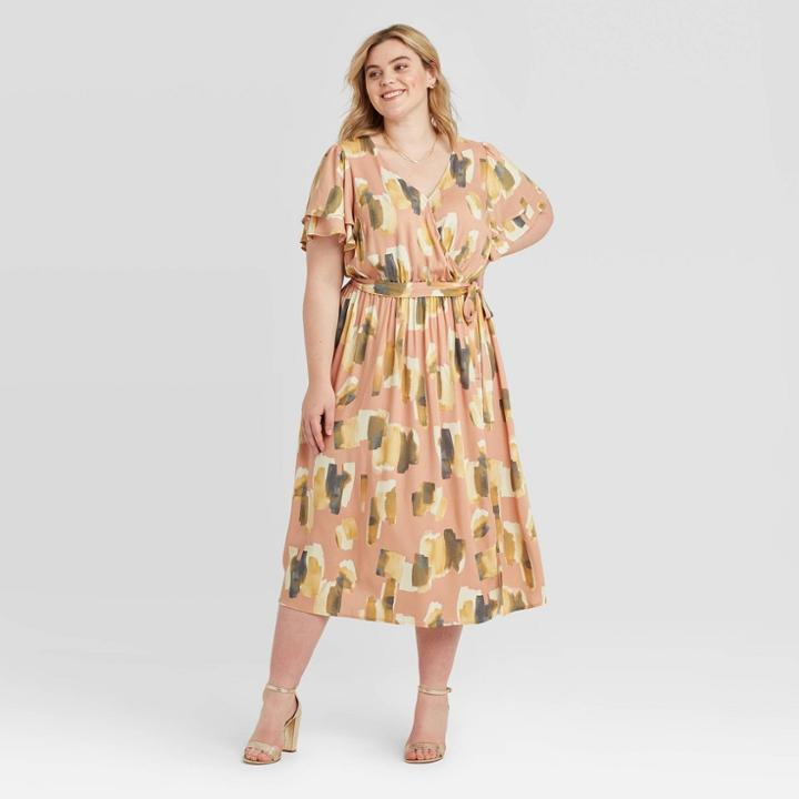 Women's Plus Size Floral Print Flutter Short Sleeve V-neck Midi Wrap Dress - Ava & Viv Blush X, Women's, Pink