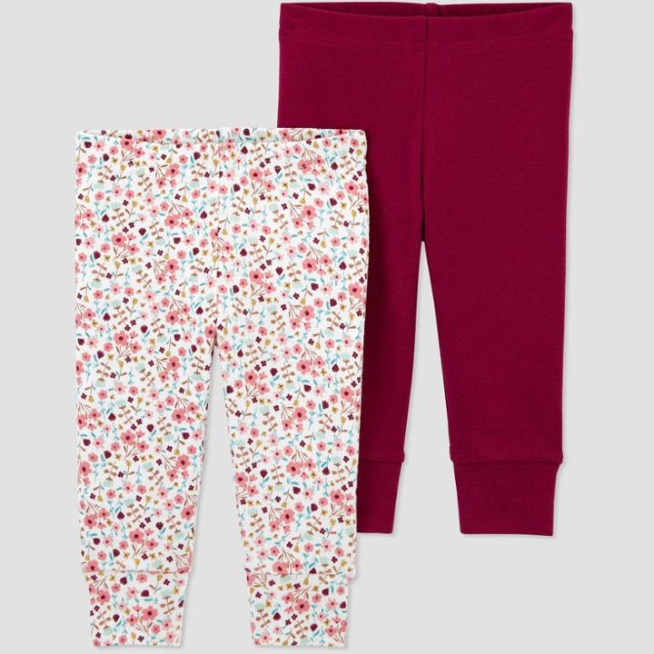 Baby Girls' 2pk Floral Pull-on Pants - Just One You Made By Carter's Burgundy Newborn, Red