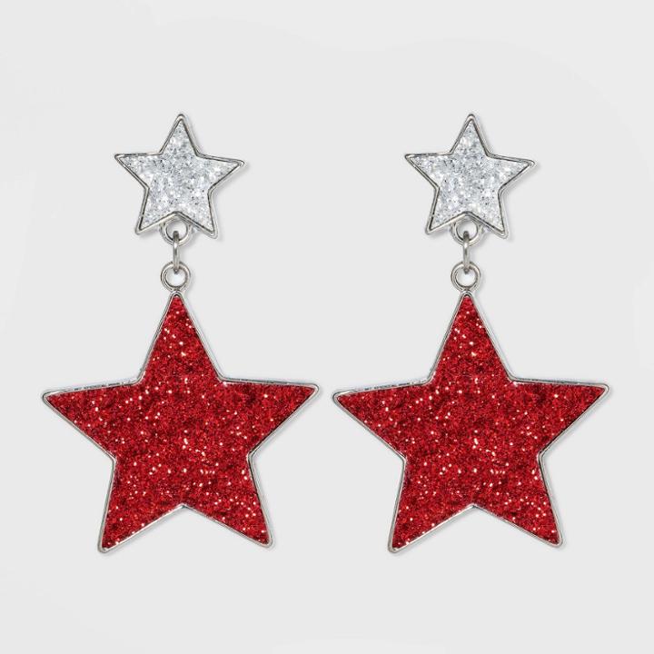 No Brand Glitter Star Drop Earrings - Red/silver