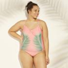 Women's Plus Size Palm Print Scoop Back One Piece Swimsuit - Xhilaration Pink Palm