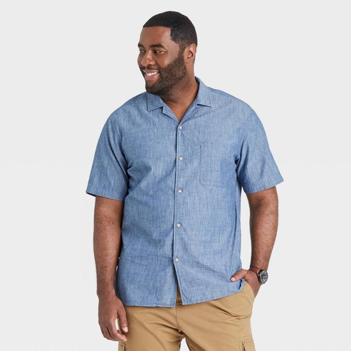 Men's Tall Standard Fit Camp Collar Short Sleeve Button-down Shirt - Goodfellow & Co Indigo