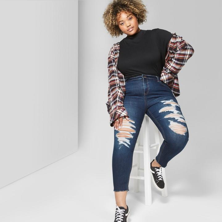 Women's Plus Size High-rise Dark Wash Destructed Skinny Cargo Pants - Wild Fable Blue