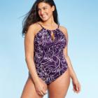 Women's High Neck Keyhole One Piece Swimsuit - Aqua Green Purple Floral M, Women's,