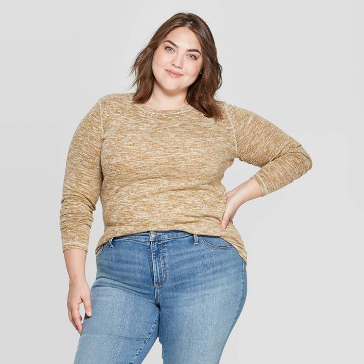 Women's Plus Size Long Sleeve Crewneck Hacci T-shirt - Universal Thread Gold