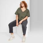 Women's Plus Size Short Sleeve Relaxed Fit V-neck Cropped T-shirt - Wild Fable Olive Green