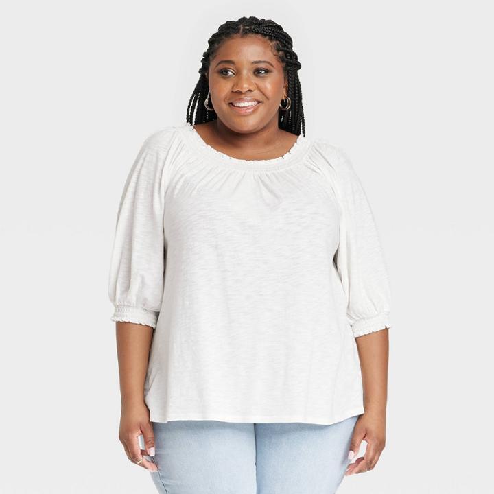 Women's Plus Size Bishop 3/4 Sleeve Smocked Top - Knox Rose White
