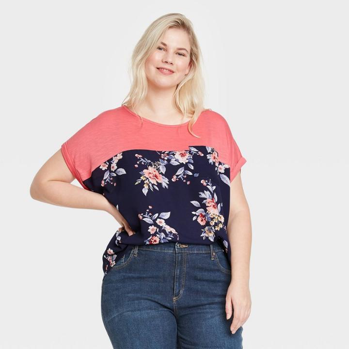 Women's Plus Size Floral Print Short Sleeve Scoop Neck Knit To Woven T-shirt - Knox Rose Coral