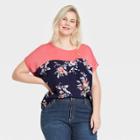 Women's Plus Size Floral Print Short Sleeve Scoop Neck Knit To Woven T-shirt - Knox Rose Coral