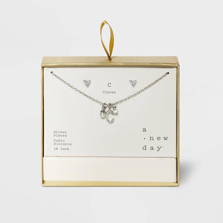 Silver Plated With Cubic Zirconia And Pearl Initial C Charm Cluster Necklace And Earring Set - A New Day