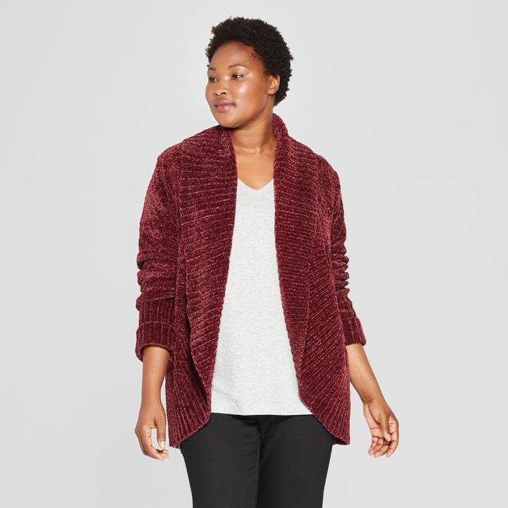 Women's Plus Size Chenille Cocoon Cardigan - Ava & Viv Burgundy (red)