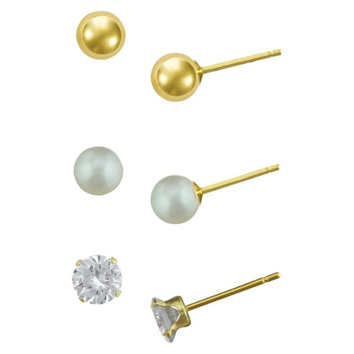 Target Girls' Gold Over Sterling Silver 3 Pr-cubic Zirconia/ball/pearl Stud Earring