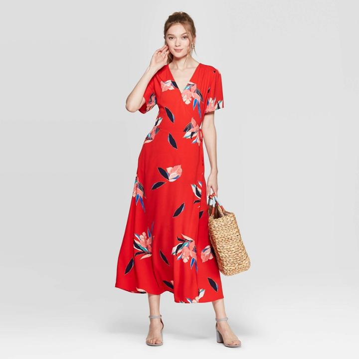 Women's Floral Print Sleeveless V-neck Maxi Wrap Dress - A New Day Red