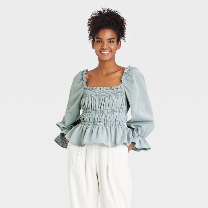 Women's Balloon 3/4 Sleeve Smocked Peplum Top - Who What Wear Blue