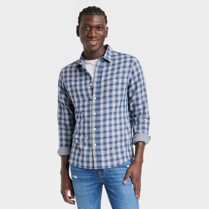 Men's Double Weave Long Sleeve Button-down Shirt - Goodfellow & Co Navy Blue