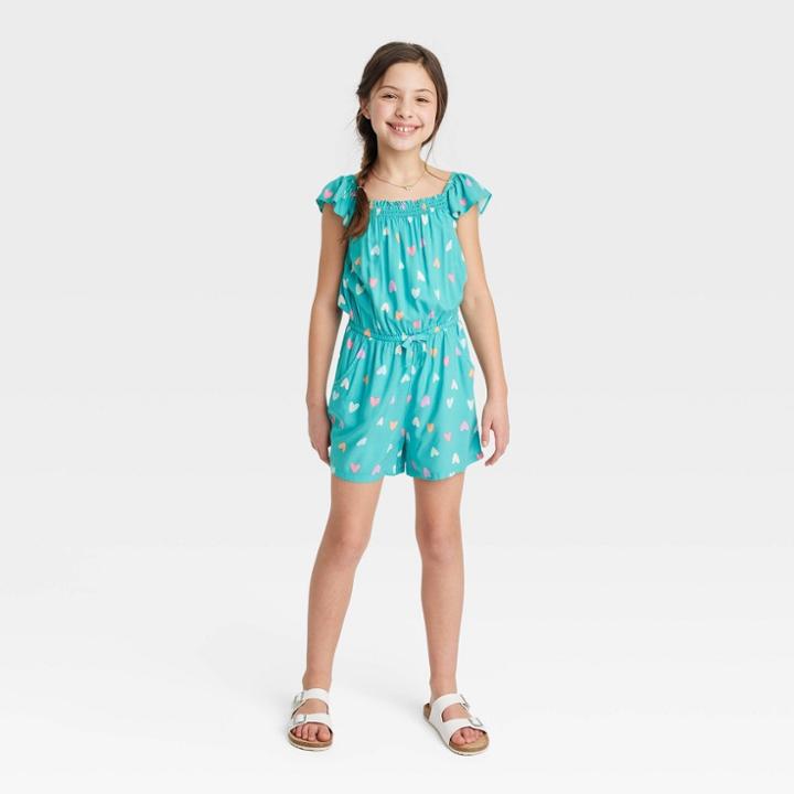 Girls' Ruffle Sleeve Romper - Cat & Jack Turquoise Green