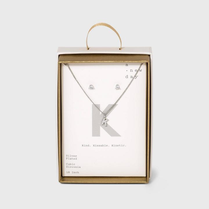 Silver Plated Cubic Zirconia Pave Initial Pendant Necklace And Earring Set - A New Day Initial K