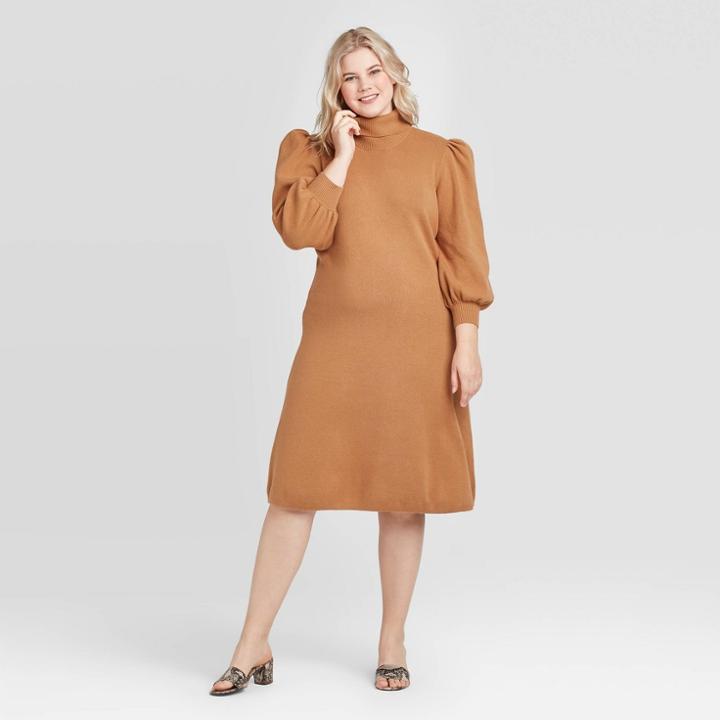 Women's Plus Size Puff Long Sleeve High Neck Sweater Dress - Who What Wear Sand 1x, Women's, Size: