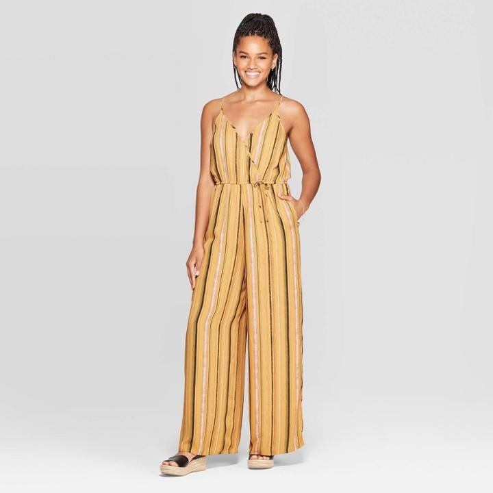 Women's Striped Sleeveless Deep V-neck Wrap Jumpsuit - Xhilaration Mustard Xxl, Women's, Yellow