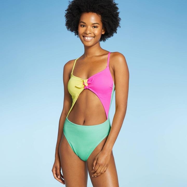 Juniors' Ribbed Colorblock Tie-front One Piece Swimsuit - Xhilaration Multi Xs,