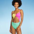 Juniors' Ribbed Colorblock Tie-front One Piece Swimsuit - Xhilaration Multi Xs,
