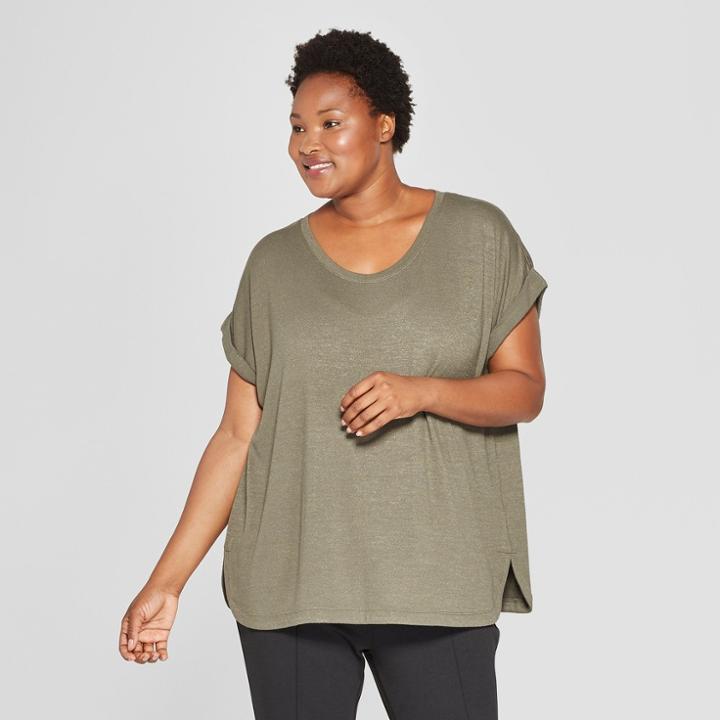 Women's Plus Size Textured Cuff Short Sleeve T-shirt - Ava & Viv Olive (green)