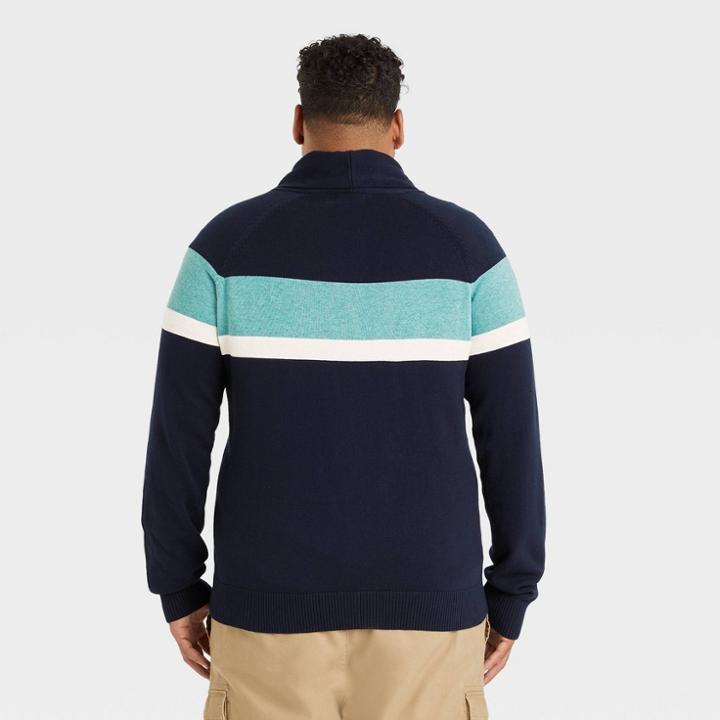 Men's Big & Tall Striped Regular Fit Shawl Cardigan Sweater - Goodfellow & Co Navy
