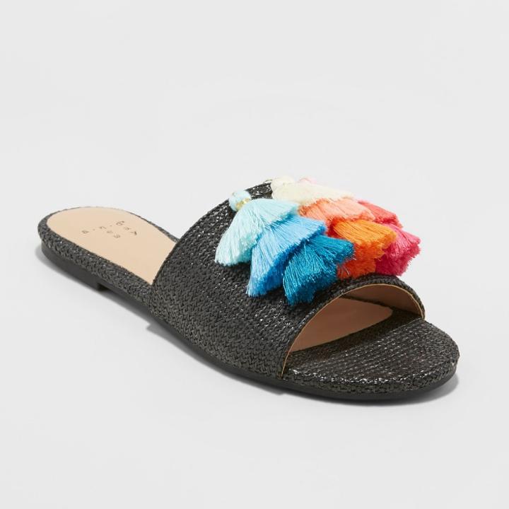 Women's Ayana Raffia Wide Width Tassle Slide Sandals - A New Day Black 5.5w,