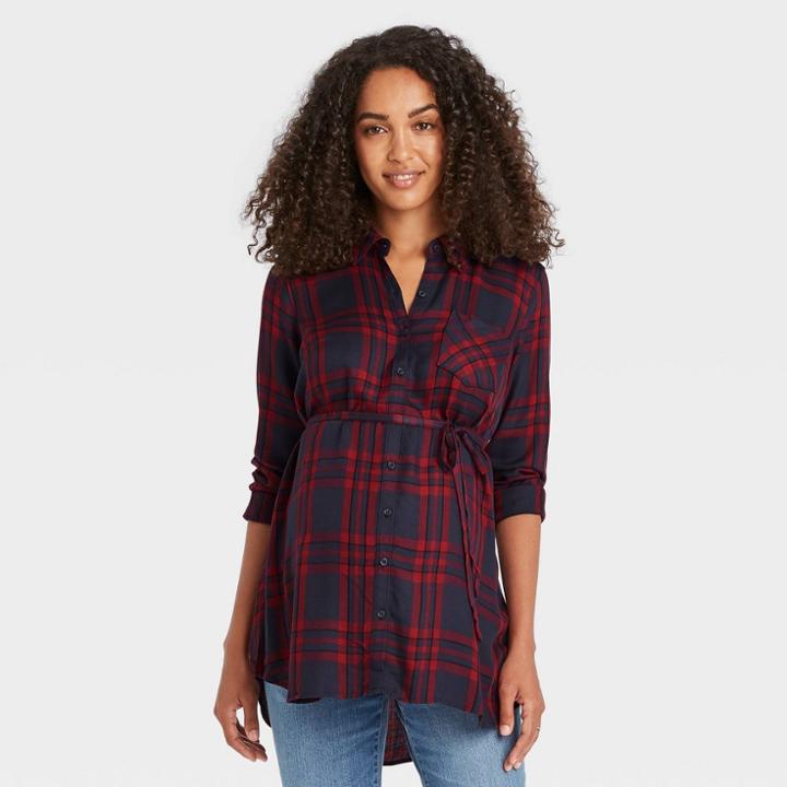 Long Sleeve Button-down Maternity Shirt - Isabel Maternity By Ingrid & Isabel Blue Plaid