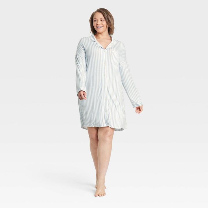 Women's Plus Size Beautifully Soft Striped Notch Collar Gown - Stars Above Blue