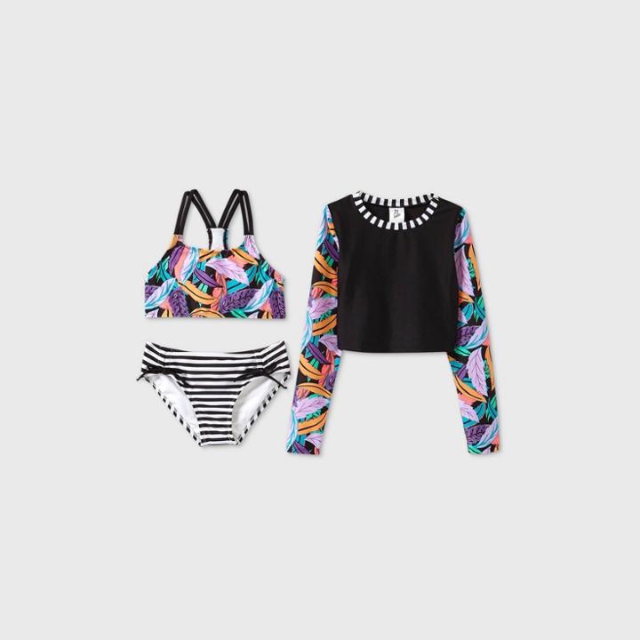 Girls' Long Sleeve Leaf Print 3pc Bikini Set - Art Class