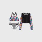 Girls' Long Sleeve Leaf Print 3pc Bikini Set - Art Class