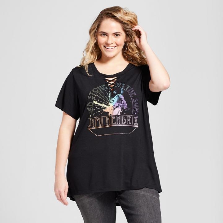 Women's Jimi Hendrix Plus Size Short Sleeve Lace-up Neck Graphic T-shirt (juniors') - Black