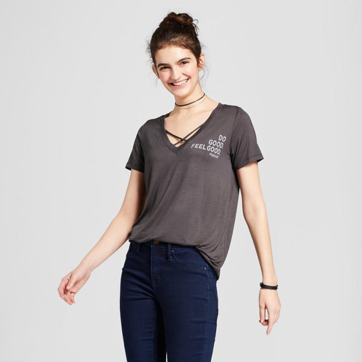 Women's Do Good. Feel Good Short Sleeve Criss-cross V-neck Graphic T-shirt - Zoe+liv (juniors') - Charcoal