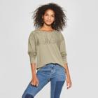 Women's Long Sleeve Lace Top Lace-up Back Knit Top - Xhilaration Olive (green)