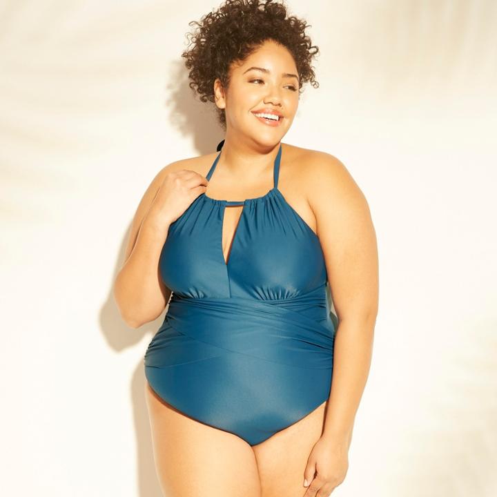 Women's Plus Size High Neck Keyhole One Piece Swimsuit - Kona Sol Dark Green