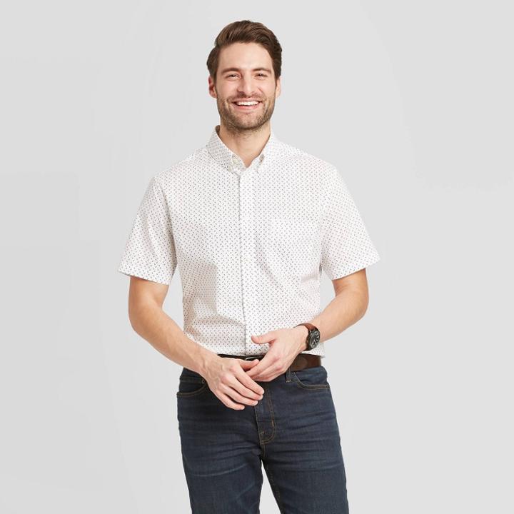 Men's Polka Dot Slim Fit Short Sleeve Poplin Button-down Shirt - Goodfellow & Co True White S, Men's,