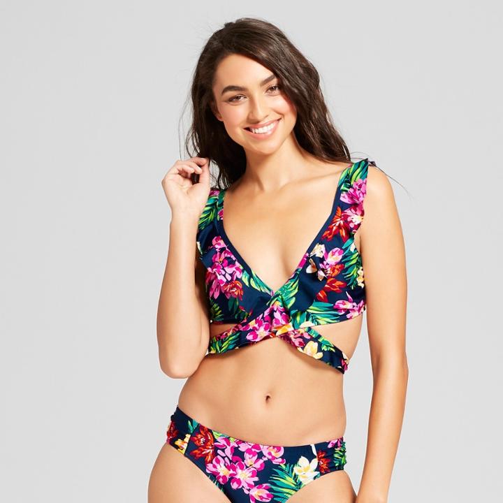 Clean Water Women's Floral Print Ruffle Wrap Bikini - Blue