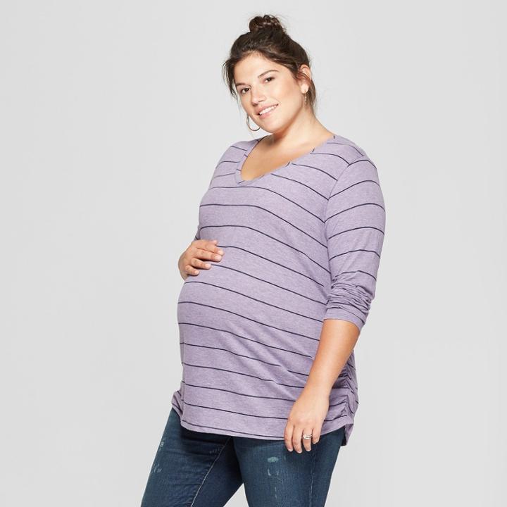 Maternity Plus Size Striped Long Sleeve Shirred T-shirt - Isabel Maternity By Ingrid & Isabel Purple