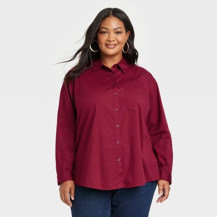 Women's Plus Size Long Sleeve Button-down Shirt - Ava & Viv Burgundy