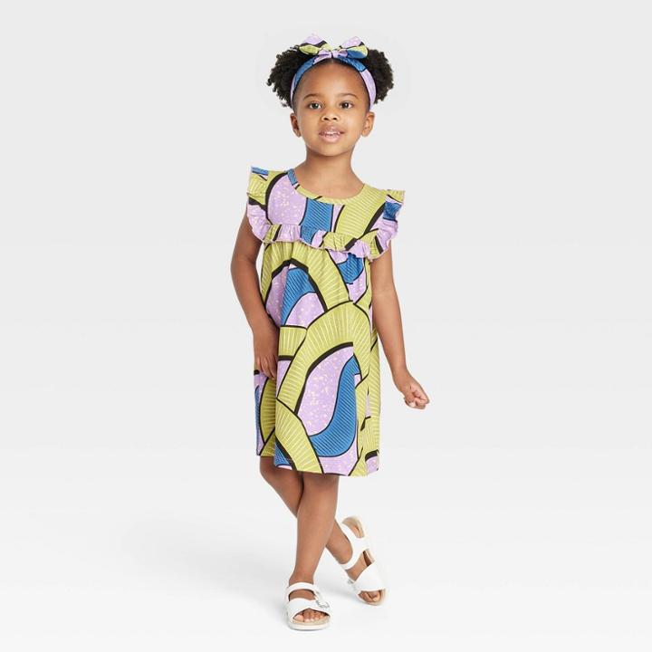 Ade + Ayo Black History Month Toddler Ruffle Short Sleeve Shirtdress And Headband Set - Purple Abstract