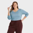 Women's Plus Size Long Sleeve Ribbed T-shirt - A New Day Teal Blue