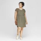 Women's Plus Size Short Sleeve V-neck Cinched Waist Dress - Universal Thread Olive (green)