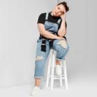 Women's Plus Size Sleeveless Square Neck Distressed Relaxed Denim Overalls - Wild Fable Light Wash