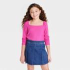 Girls' Square Neck Ribbed Long Sleeve Top - Art Class Pink
