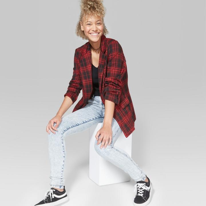 Women's Plaid Oversized Blazer - Wild Fable Red