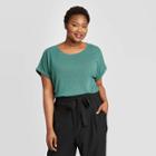 Women's Plus Size Short Sleeve Crewneck Cuffed Linen T-shirt - Ava & Viv Green X, Women's