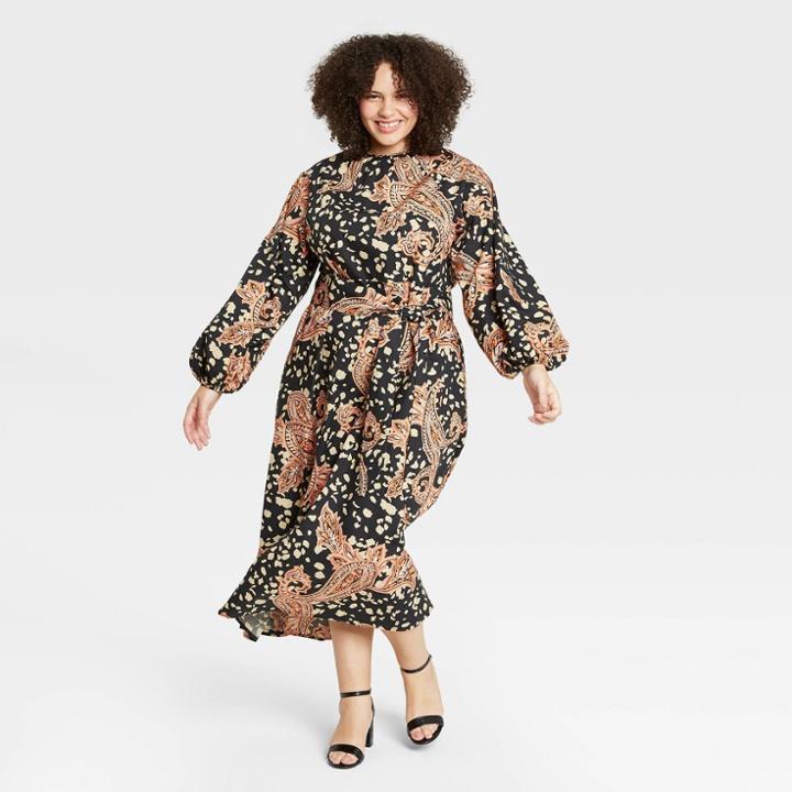 Women's Plus Size Paisely Print Balloon Long Sleeve Kaftan Dress - Who What Wear Camel