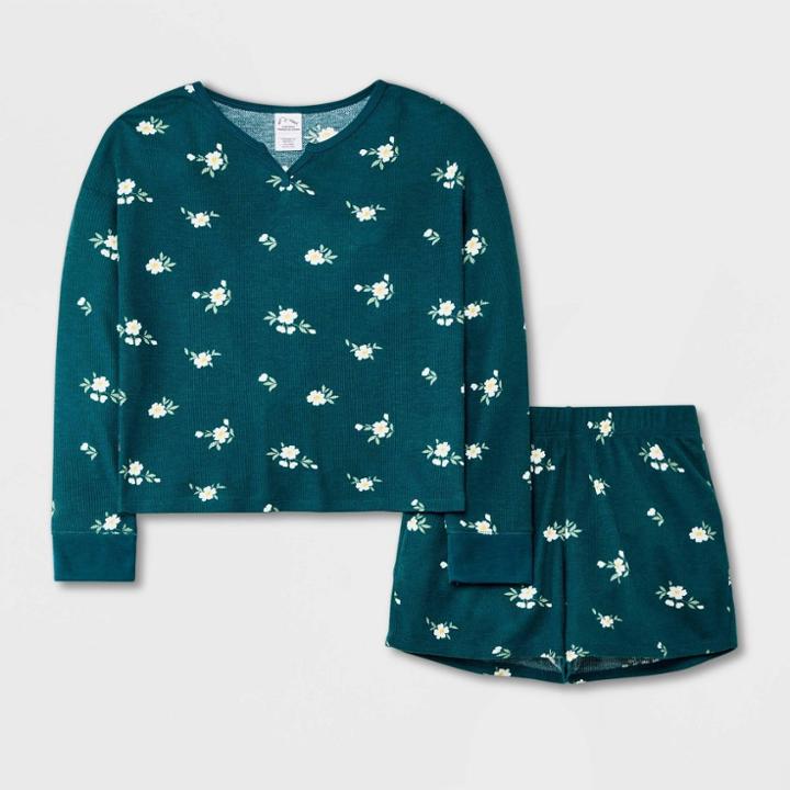Girls' Ditsy Floral Long Sleeve Pajama Set - Art Class Green